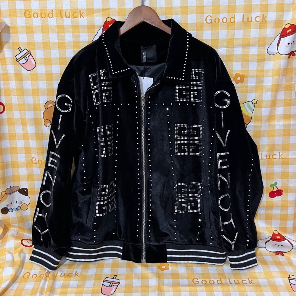 Givenchy Black Velvet Studded Logo Bomber Jacket